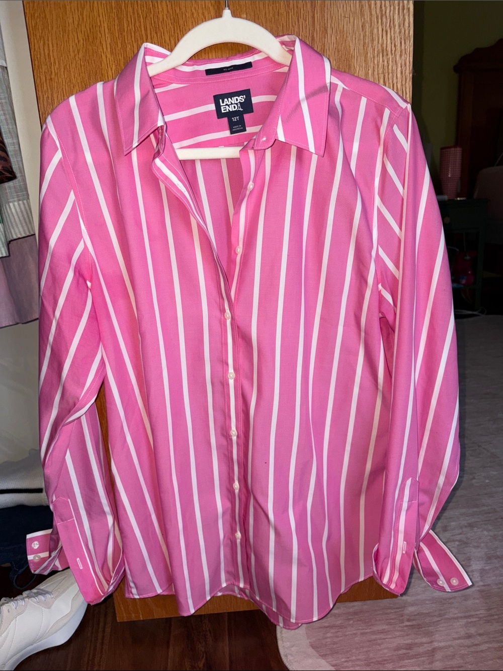 Lands' End Pink and White Vertical Stripe Button-Down Shirt